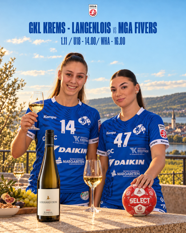 KREMS HAT DEN WEIN. WIR WOLLEN DIE PUNKTE. 🍷🔥

Ein guter Jahrgang, zwei starke Teams und ein klares Ziel: Die Punkte mit nach Wien nehmen! 😮‍💨💙 🆚 GKL Krems-Langenlois

🍇 SONNTAG | 01.11.
🤾‍♀️ 14:00 | U18
🔥 16:00 | WHA

Auf einen erfolgreichen Sonntag, Löwinnen! 🥂🦁
Zwei Spiele. Zwei Chancen. Auf geht’s, MGA! 💙 #mgafivers #handballaustria #womenshandball #handball #mgafamily