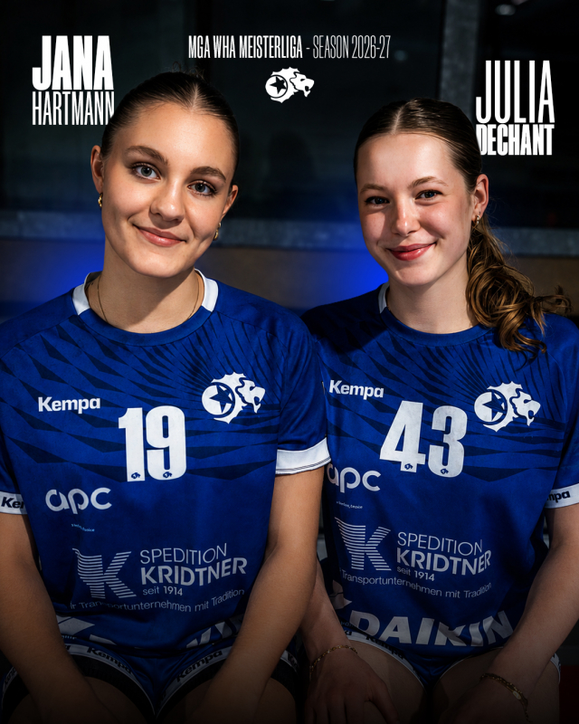 ZWEI JUNGE TORGARANTINNEN FÜR MGA! 💙🦁 Willkommen, Jana Hartmann (Jg. 2005) und Julia Dechant (Jg. 2006)! 🔥 Zwei junge Spielerinnen mit viel Tempo, Talent und Torgefahr verstärken unser WHA-Team für die Saison 2026/27.

In der vergangenen WHA Challenge Saison gehörten beide zu den auffälligsten Werferinnen:

🎯 Julia Dechant: 112 Tore
🎯 Jana Hartmann: 60 Tore

Wir freuen uns auf eure Energie, euren Hunger und viele Tore im MGA-Trikot. 💙🤍 #mgafivers #handballaustria #womenshandball #handball #mgafamily