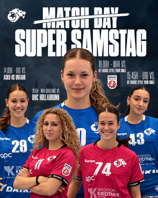 𝗦𝗨𝗣𝗘𝗥 𝗦𝗔𝗠𝗦𝗧𝗔𝗚 𝗜𝗡 𝗗𝗘𝗥 𝗛𝗢𝗟𝗟𝗚𝗔𝗦𝗦𝗘! 🦁💙🔥 Vier Teams, vier Heimspiele und ein ganzer Nachmittag voller Handball! 🤾‍♀️ Von unserer U16 über die U18 bis zur WHA und WHA Challenge – am Samstag gehört die Hollgasse unseren Löwinnen! 💪

📅  17.10.	𝗦𝗨𝗣𝗘𝗥 𝗦𝗔𝗠𝗦𝗧𝗔𝗚
🏠 14.00  U16 vs ASKÖ HC Urfahr 
🏠 15:45	U18 vs. BT Füchse Style your Smile
💙 18:00	WHA vs. BT Füchse Style your Smile
🔥 20:15	WHA Challenge vs. UHC Hollabrunn

📅 SONNTAG, 18.10.
🏠 09:15	U14 vs. GKL Krems-Langenlois
🚗  11:00  U11 vs. MADx WAT Atzgersdorf
🏠 14:00	U14 vs. UHC Graz
🏠 15:30	U16 vs. GKL Krems-Langenlois
🏠 17:00	FL vs. WAT Fünfhaus-Brigittenau 

Und am Sonntag geht’s mit weiteren Spielen unserer Nachwuchsteams und der Frauenliga weiter! 🔥 Kommt vorbei und macht die Hollgasse laut! 📣💙 #mgafivers #handballaustria #womenshandball #handball #mgafamily